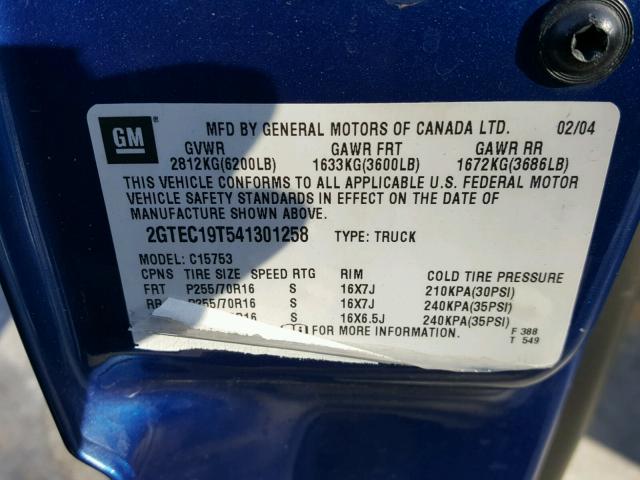 2GTEC19T541301258 - 2004 GMC NEW SIERRA BLUE photo 10