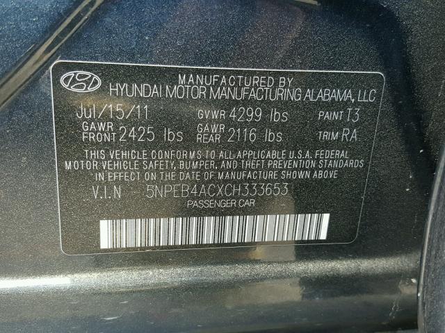 5NPEB4ACXCH333653 - 2012 HYUNDAI SONATA GLS BLACK photo 10