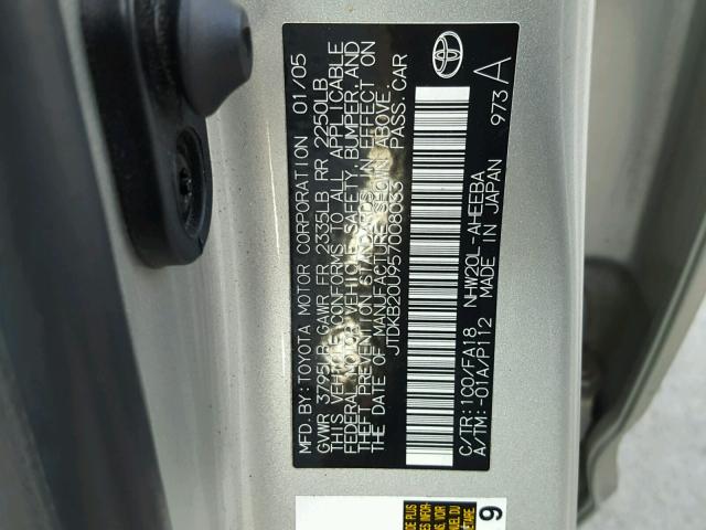 JTDKB20U957008033 - 2005 TOYOTA PRIUS SILVER photo 10