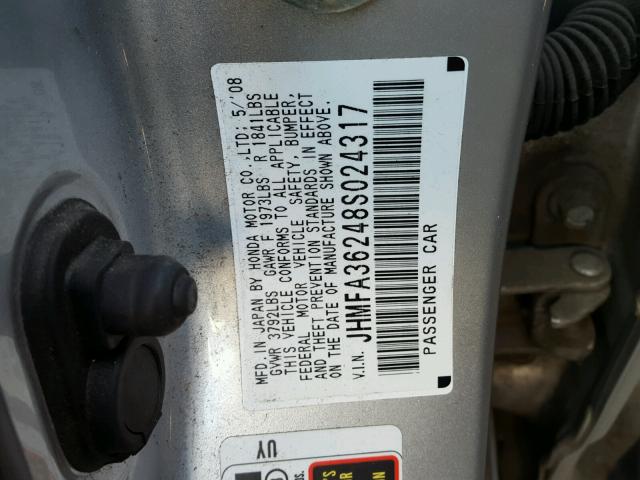 JHMFA36248S024317 - 2008 HONDA CIVIC HYBR SILVER photo 10