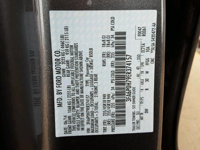 3FA6P0H79ER374157 - 2014 FORD FUSION SE GRAY photo 10