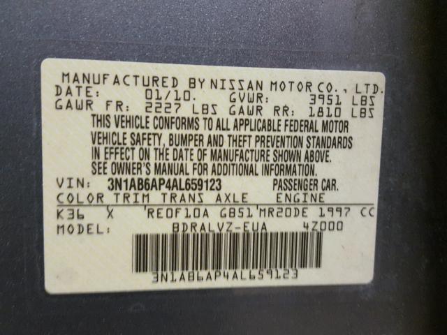 3N1AB6AP4AL659123 - 2010 NISSAN SENTRA 2.0 GRAY photo 10