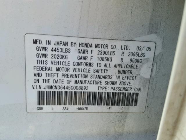 JHMCN36445C008892 - 2005 HONDA ACCORD HYB WHITE photo 10