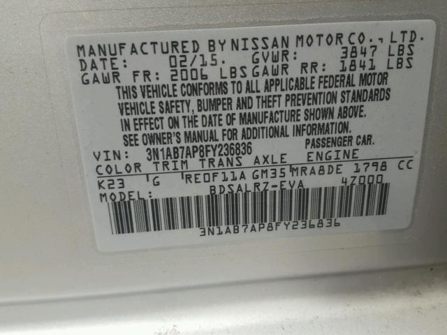 3N1AB7AP8FY236836 - 2015 NISSAN SENTRA S SILVER photo 10