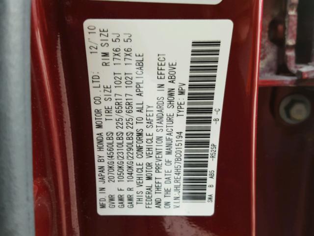 JHLRE4H57BC015194 - 2011 HONDA CR-V EX RED photo 10