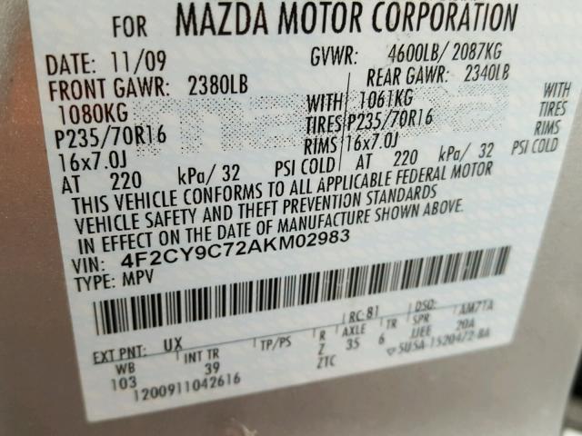 4F2CY9C72AKM02983 - 2010 MAZDA TRIBUTE I SILVER photo 10