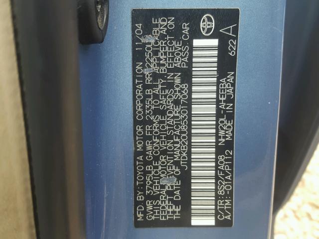 JTDKB20U853017068 - 2005 TOYOTA PRIUS BLUE photo 10