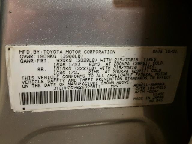 JTEHH20V626029811 - 2002 TOYOTA RAV4 SILVER photo 10