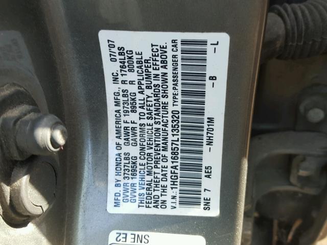 1HGFA16857L135320 - 2007 HONDA CIVIC EX SILVER photo 10