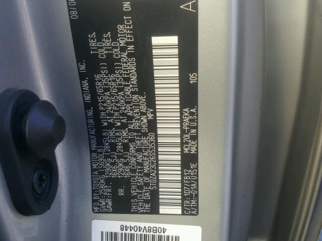 5TDZA23C26S535360 - 2006 TOYOTA SIENNA CE SILVER photo 10