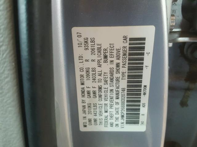 JHMCP26888C020748 - 2008 HONDA ACCORD EXL SILVER photo 10