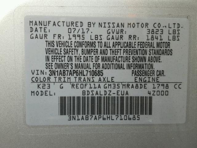 3N1AB7AP6HL710685 - 2017 NISSAN SENTRA S SILVER photo 10