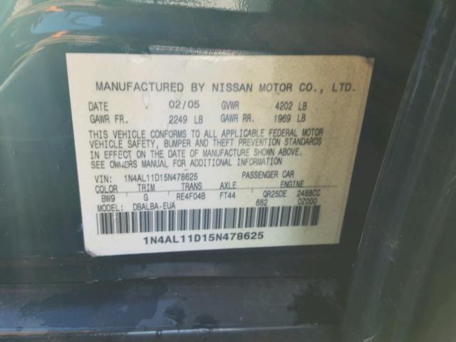 1N4AL11D15N478625 - 2005 NISSAN ALTIMA S BLUE photo 10