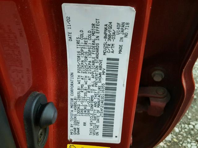 JTEHF21A630116355 - 2003 TOYOTA HIGHLANDER RED photo 10