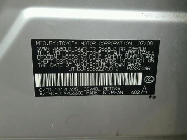 JTHBJ46G682270012 - 2008 LEXUS ES 350 SILVER photo 10