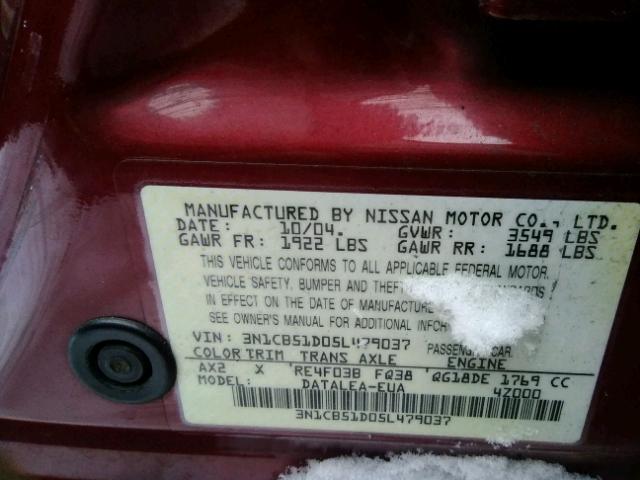 3N1CB51D05L479037 - 2005 NISSAN SENTRA 1.8 RED photo 10