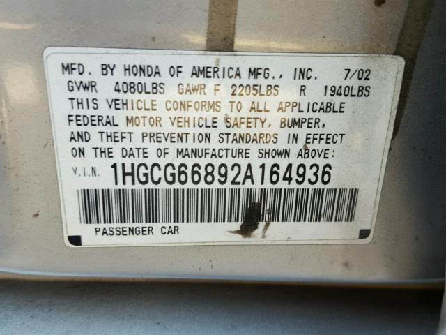 1HGCG66892A164936 - 2002 HONDA ACCORD EX SILVER photo 10