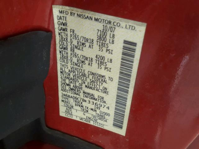 1N6BA06C78N336974 - 2008 NISSAN TITAN XE RED photo 10