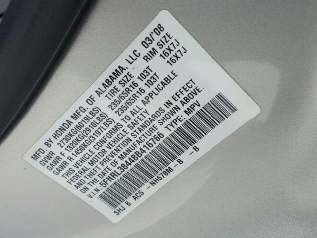 5FNRL38448B416766 - 2008 HONDA ODYSSEY EX SILVER photo 10