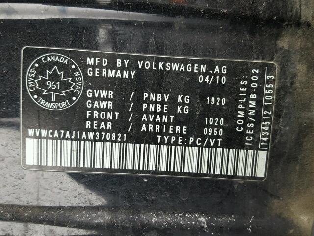 WVWCA7AJ1AW370821 - 2010 VOLKSWAGEN GOLF 黑色 照片 10