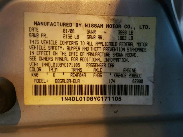 1N4DL01D8YC171105 - 2000 NISSAN ALTIMA XE SILVER photo 10