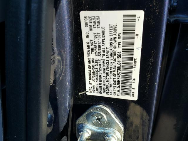 5J6RE48738L041504 - 2008 HONDA CR-V EXL 蓝色 照片 10