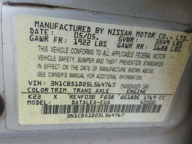 3N1CB51D25L564767 - 2005 NISSAN SENTRA 1.8 SILVER photo 10