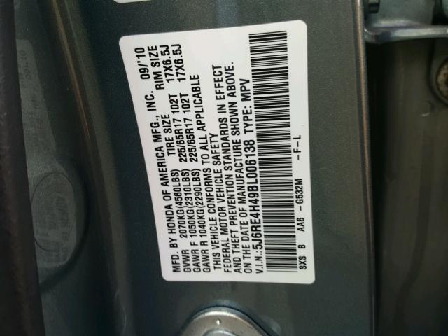 5J6RE4H49BL006138 - 2011 HONDA CR-V SE GRAY photo 10