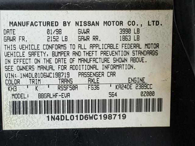 1N4DL01D6WC198719 - 1998 NISSAN ALTIMA XE BLACK photo 10