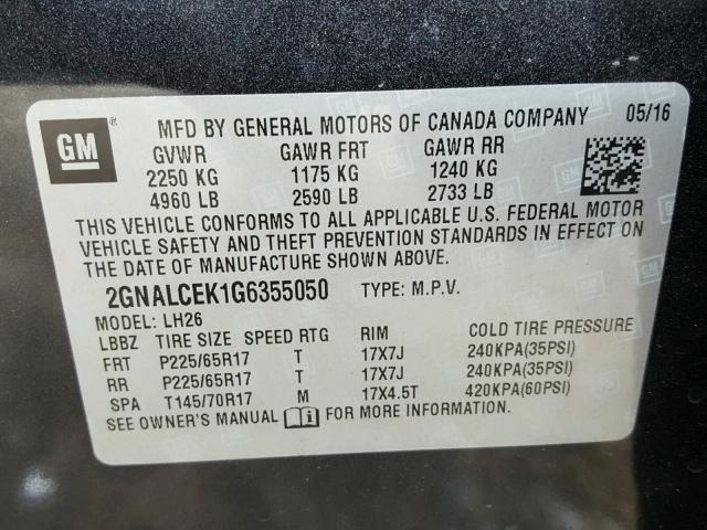 2GNALCEK1G6355050 - 2016 CHEVROLET EQUINOX LT GRAY photo 10