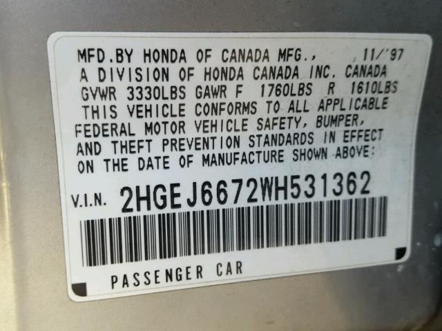 2HGEJ6672WH531362 - 1998 HONDA CIVIC LX SILVER photo 10