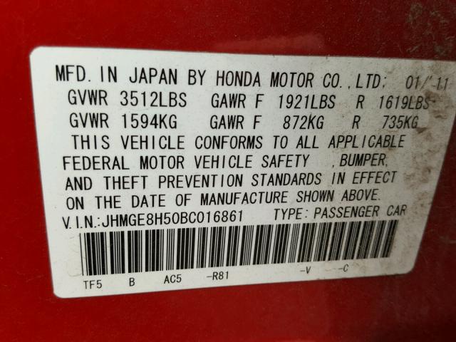 JHMGE8H50BC016861 - 2011 HONDA FIT SPORT RED photo 10