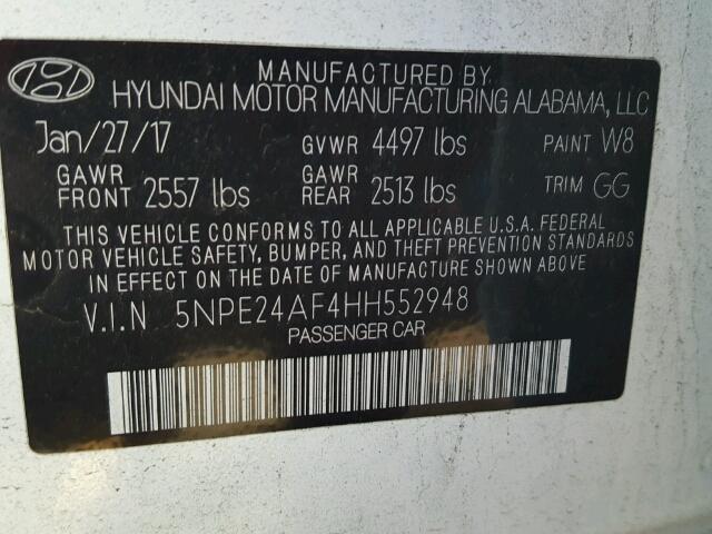 5NPE24AF4HH552948 - 2017 HYUNDAI SONATA SE WHITE photo 10