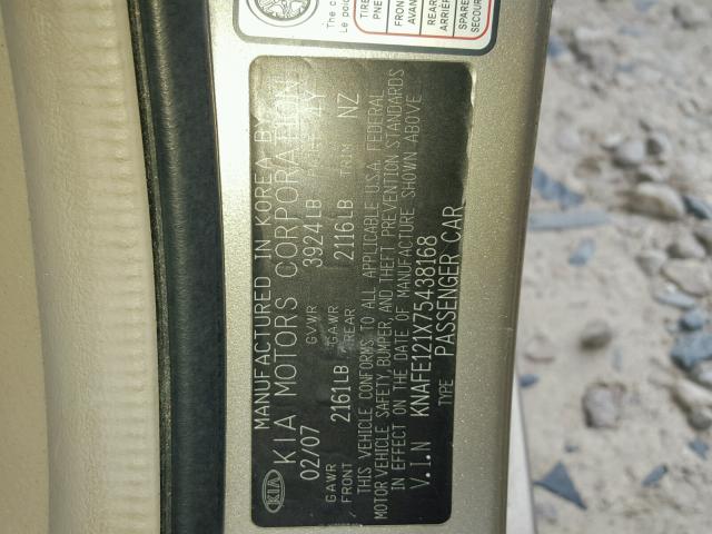 KNAFE121X75438168 - 2007 KIA SPECTRA EX BEIGE photo 10