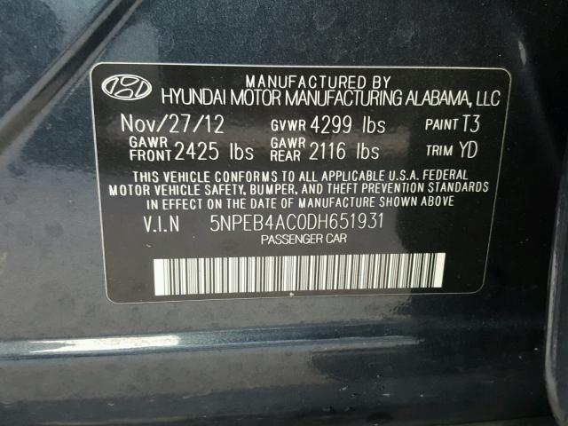 5NPEB4AC0DH651931 - 2013 HYUNDAI SONATA GLS BLUE photo 10