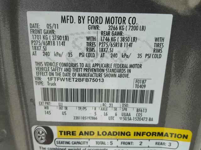 1FTFW1ET2BFB75013 - 2011 FORD F150 SUPER GRAY photo 10