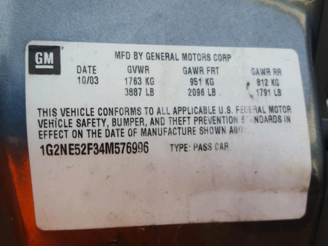 1G2NE52F34M576996 - 2004 PONTIAC GRAND AM S ნაცრისფერი ფოტო 10