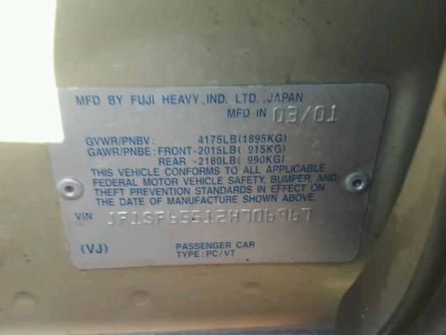 JF1SF65512H706967 - 2002 SUBARU FORESTER S GREEN photo 10