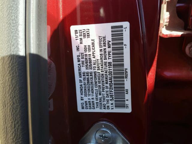 5J6TF2H54AL001198 - 2010 HONDA ACCORD CRO RED photo 10