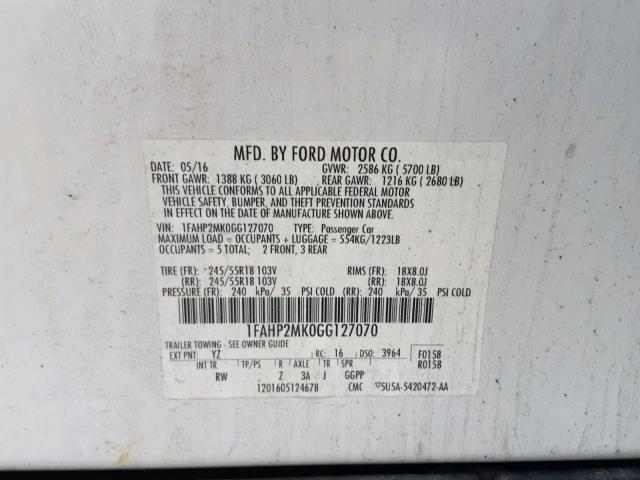 1FAHP2MK0GG127070 - 2016 FORD TAURUS POL WHITE photo 10