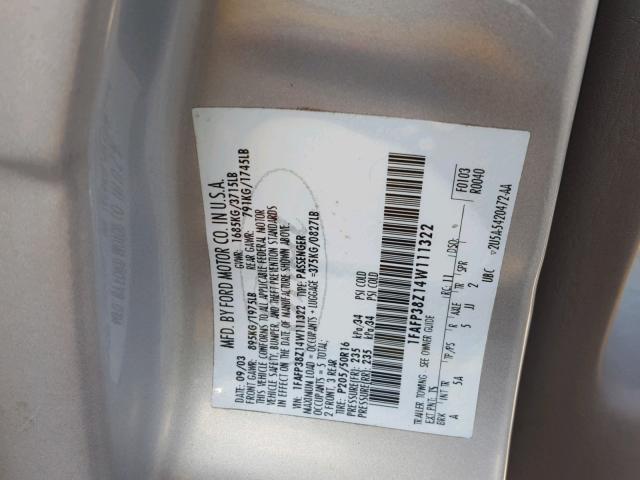 1FAFP38Z14W111322 - 2004 FORD FOCUS ZTS GRAY photo 10