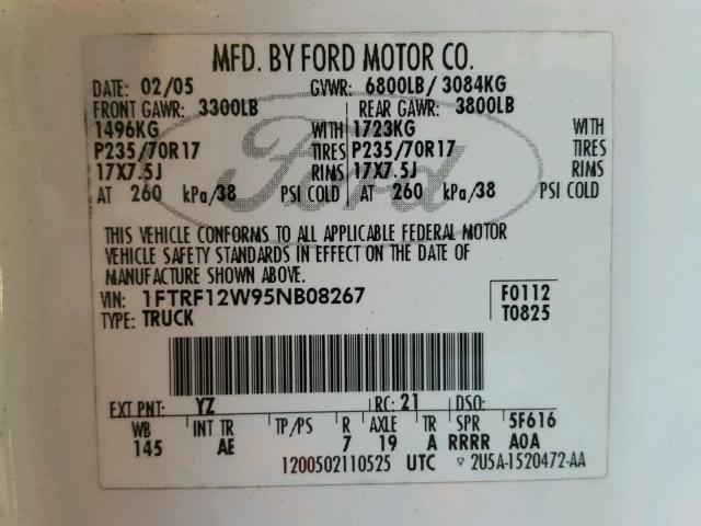 1FTRF12W95NB08267 - 2005 FORD F150 WHITE photo 10