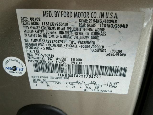 1LNHM87A22Y705791 - 2002 LINCOLN LS TAN photo 10