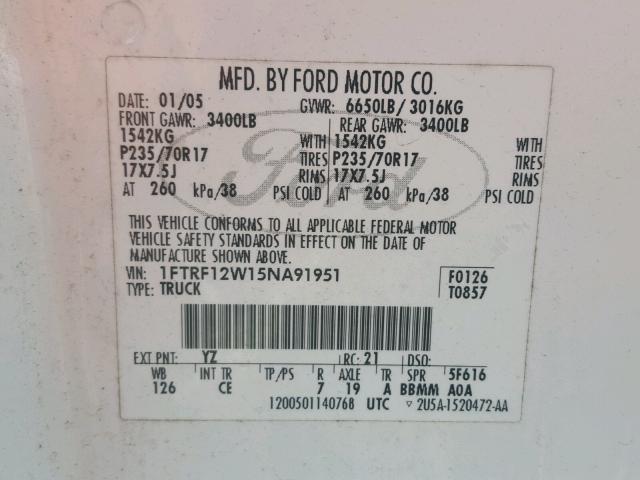 1FTRF12W15NA91951 - 2005 FORD F150 WHITE photo 10