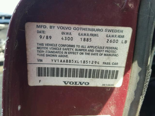 YV1AA885XL1851294 - 1990 VOLVO 240 BASE RED photo 10