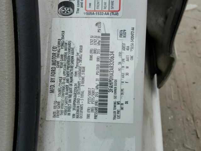 3FAHP0HA2AR320634 - 2010 FORD FUSION SE WHITE photo 10