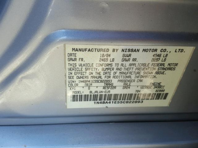 1N4BA41E55C822893 - 2005 NISSAN MAXIMA SE SILVER photo 10