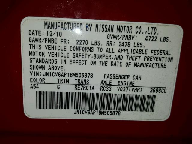 JN1CV6AP1BM505878 - 2011 INFINITI G37 BASE RED photo 10