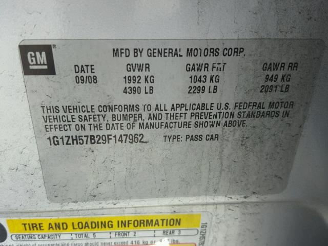 1G1ZH57B29F147962 - 2009 CHEVROLET MALIBU 1LT ვერცხლისფერი ფოტო 10