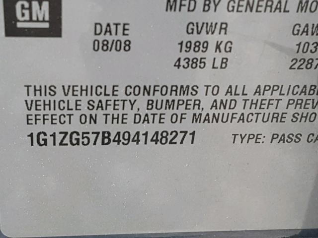 1G1ZG57B494148271 - 2009 CHEVROLET MALIBU LS ნაცრისფერი ფოტო 10